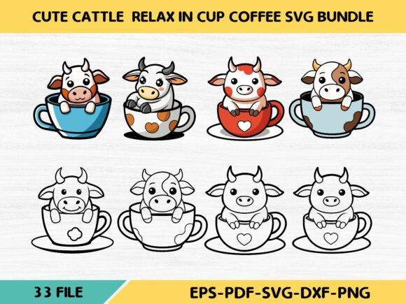 Cute Cattle Relax in Cup Coffee Svg Bun: Graphics & Illustrations