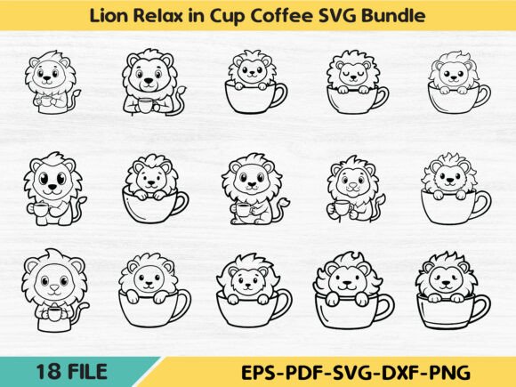 Lion Relax in Cup Coffee SVG Bundle: Graphics & Illustrations for Crafters