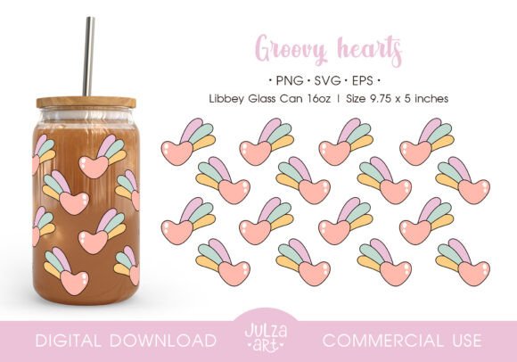 Retro Love Hearts Cup Wrap SVG PNG for Graphics and Crafts