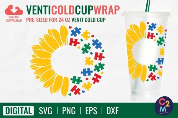 Sunflower Autism Venti Cold Cup SVG: Tumbler Wraps & Graphics